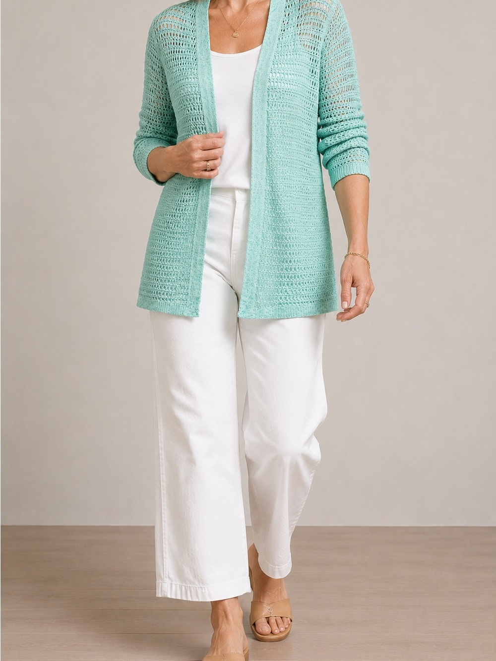 J Jill Cotton Crochet Cardigan Mint Green Open Knit Beach Cover Up Size M - Picture 13 of 13